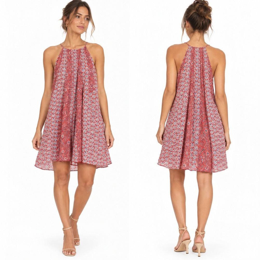 Rebecca Taylor Floral Medallion Silk Trapeze Mini Dress Red Blue Boho Size 2